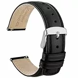 WOCCI 20mm Uhrenarmband für Herren und Damen, Echtes Leder - Top Genarbtes Leder, Schnellverschluss, Silberne Schnalle (Schwarz)