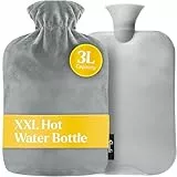 Qomfor XXL Wärmflasche mit Fleecebezug – 3L Wärmflasche Groß XXL für Bett, Rückenschmerzen, und Menstruationskrämpfe – Flauschige Wärmeflasche Kuschel für Behandlung von Schmerzen und Fieber (Grau)