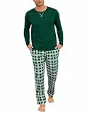 Demegimi Schlafanzug Herren Lang Baumwolle Pyjama Herren mit Rundhals und Karierter Hose Loungewear Sleepwear