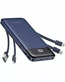 Charmast Power Bank, Slim 10000mAh Powerbank mit 4 Kabel und LED-Display, 6 Ausgängen Klein Aber Stark USB C Externe Handyakkus Kompatibel mit iPhone 17 16 15 14 13 12 11 Pro Max Samsung Tablet (blau)