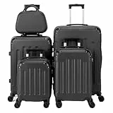 LEADZM Koffer Set 5 teilig Hartschale mit Kosmetikkoffer, Kofferset mit verstärkten Ecken, Reisekoffer mit Rollen Groß, Handgepäck, Hartschalenkoffer Set aus ABS, Koffer & Trolleys (Schwarz)