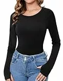 Crewhpo Langarmshirt Damen Rundhals Basic Oberteile Langarm T-Shirt Elegant Einfarbig Unterziehshirt Slim Fit Unterhemd Leicht Casual Stretch Tops mit Daumenloch