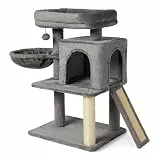 Amazon Basics Mehrstöckiger Kratzbaum für Katzen mit 2 Katzenhäuschen, Hängematte, Sisalrampe, Hängeball, FSC-Zertifiziert, 76,2 cm Höhe, Grau
