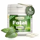 Folat, hochdosiert, 1000µg - 180 Tabletten, vegan. Für gesunde Zellteilung, Blutbildung, Kinderwunsch & Schwangerschaft. OHNE künstliche Zusätze - laborgeprüft. Von Greenfood.