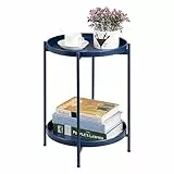 HollyHOME Beistelltisch Rund Metall Balkontisch Klein Couchtisch Nachttisch Sofatisch 2 Ebenen Beistelltisch für Wohnzimmer Schlafzimmer Terrasse Outdoor, Dunkelblau