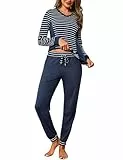 Crewhpo Damen Schlafanzug Langärmliger Pyjama Baumwolle Zweiteiliger Schlafanzüge Set Gestreifter Nachtwäsche Nachthemd mit Lang Pyjamahose Einfarbiger Hausanzug Sleepwear