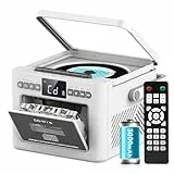 Greadio CD Player Tragbar, Boombox Kassettenspieler mit UKW Radio, Bluetooth 5.1, 5000mAh wiederaufladbare Akku, Fernbedienung, AUX/USB/SD Karte-In, 5W Lautsprecher, LED Bildschirm (Weiß)