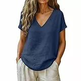 AACH Leinenbluse Damen Sommer Tshirt Elegant Baumwolle Leinen Bluse V-Ausschnitt Casual Leinenshirt Lose Kurzarm Blusen Einfarbig Tunika Tops Leicht Luftig Blusenshirt Musselin Oberteile