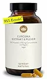 SUNDAY NATURAL® Curcuma Extrakt – Hochdosiert: Curcumingehalt einer Kapsel entspricht 10.669 mg Kurkuma – Hochdosiert aus 95% Extrakt – Mit Bio-Piperin zur verbesserten Aufnahme - 180 Kapseln