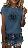Cicy Bell Damen Sonnenblumen T Shirt Sommer Kurzarm Niedlich Grafik Lose T-Shirts Für Damen Tops Dunkelblau XL