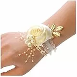 Wisafory Handgelenk Corsage Blumen Armband Korsage Blätter Braut Brautjungfer Hand Blume Seidenblume mit Perle Armbänder Handgelenkblume Zubehör für Hochzeit Bankette Abschlussball Beige 1pcs