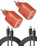 INIU 30W USB C Ladegerät, GaN Schnellladegerät mit 1,5m 60W Kabel, Dual-Port Netzteil mit intelligentem Geräteschutz für iPhone 17 16 Pro Max, iPad MacBook Air Galaxy S26 Pixel Xiaomi [2-Pack Orange]