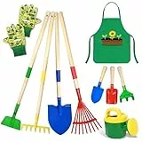 10 Stück Gartenspielzeug Kinder Erwachsene, Metall Gartengeräte Set mit Schaufel, Rechen, Gabel, Arbeitshandschuhen, Schürze, Gießkanne, Ideal Gartenwerkzeug Set für Anfänger und Familien