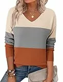 Zeagoo Pullover Damen Elegant Strickpullover Langarm V-Ausschnitt Lässiges Stricken Pulli Winter Sweatshirt Einfarbig Oberteile Grau-orange M