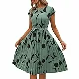 XIADUOBAAN Sommerkleid Damen Knielang Elegant Punkte Kleid Damen Sommer Kurzarm Sommerkleider Leicht Und Luftig Kleider Gepunktet Partykleid mit Gürtel Strandkleid Frauen Tailliert Plisseekleid