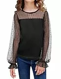Arshiner Mädchen Tunika Chiffon Kinder Langarm Tshirt Laternen Ärmel Oberteile Rundhals Freizeit Elegant Herbst Winter Mode Shirt für Mädchen 5-6 Jahre Schwarz
