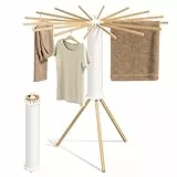 SONGMICS Wäscheständer, Wäschetrockner Ständer klappbar, Wäschespinne tragbar, Standtrockner platzsparend, drehbar, ausziehbar, Waschküche Balkon, 16 Arme aus Holz, naturfarben LLR530YW01