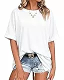 Terecey T Shirt Oversized Damen Sommer Locker T-Shirt Rundhals Einfarbig Oberteil Kurzarm Basic Y2k Tops Baumwolle Tee Shirt, Weiß S