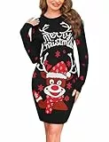 Wayleb Weihnachtskleid Damen Lustig Merry Christmas Rentier-Motiv Strickkleid Rundhals Weihnachten Pulloverkleid Festlich Pulli Kleider Sexy Minikleid für Weihnachtsfeier, Schwarz XL