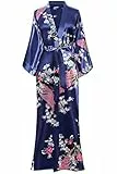 BABEYOND Damen Morgenmantel Maxi Lang Seide Satin Kimono Kleid Pfau Muster Kimono Bademantel Damen Lange Robe Schlafmantel Girl Pajama Party (Dunkelblau)