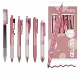 Dacono Packung mit 7 Gelschreibern Textmarker Schreibset, Ästhetische Einziehbare Gelschreiber mit Schwarzer Tinte und 1 Textmarker, Weißdorn Rot Style - Kugelschreiber 0,5 mm für Studenten, Tagebuch