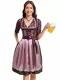 KOJOOIN Dirndl Damen Trachtenkleid Weinrot Dirndlkleid Midi Jacquard Trachtenrock Oktoberfest Outfit mit Dirndlschürzen Weinrot 44