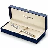 Waterman Hémisphère Füller | Edelstahl mit Zierteile aus 23 K Gold | Füllfederhalter mit feiner Feder und blauer Tinte | Geschenkbox
