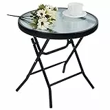 PHI VILLA Klappbar Runder Beistelltisch Glas aus Metall Gartentisch Kaffeetisch Klein Balkontisch wetterfest pflegeleicht für Balkon Garten Terrasse Wohnzimmer