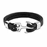 Emibele Armband für Damen, Robust Rindsleder, Mehrschichtig Vintage Anker Armband Wickelarmband - Schwarz mit Silbern Anker