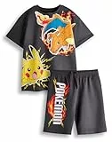 Pokemon Jungen T-Shirt & Shorts Set | Kinder Dunkelgrau Kurzarm Grafik T-Shirt & Bottoms Bekleidungspaket | Pikachu Glurak Pokeball Komplettes passendes Outfit | Spiel TV Serie Film Merchandise