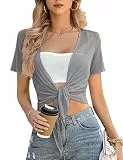 Irevial Bolero Damen Jacke Kurzarm Chiffon Strickjacke Dünn Sommer Kurz Cardigan Perfekt mit Allerlei Cocktailkleid Abendkleid Grau S