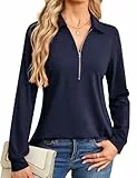 Florboom Damen Hemdbluse Reißverschluss Langarmshirt V-Ausschnitt Shirt Arbeit Oberteile (Marineblau, L)