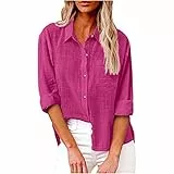 Musselin Bluse Damen Sommer Elegant Oberteile Retro Einfarbig für Damen Hemden V-Ausschnitt Button Down Tops Casual Basic Revers T-Shirt Langarm Oberteile Große Größen Langarmshirt
