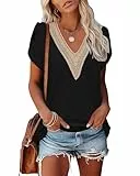 PLOKNRD Damen T-Shirt Elegant Spitze V-Ausschnitt Oberteile Blütenblatt Ärmel Kurzarm Bluse Sommer Locker Tops L Schwarz