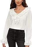 SCARLET DARKNESS Damen Trachtenbluse V-Neck mit Rüschen Oberteil Lang Puffärmel Weiß Tops Wikinger Kleidung M