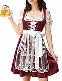 YesPerfect Damen Dirndl Set 3tlg. Midi Dirndl-Komplettsets Trachtenmode Mit SchüRze, Bluse, Kleid, C-Weinrot, 42