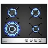 GASLAND GH6604BG1FC Glas Gaskochfeld Einbau Glas Kochfeld 4 Flammig, Gas Kochfeld mit Wok Brenner, 60 cm Schwarz Glasherd, Butan Gas Kocher 8000 Watt, LPG/Erdgas