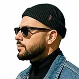 Comhats Fischer Mütze Herren Wollmütze Kurz Docker Haube Trawler Fisherman Beanie Hat Damen Merino Wolle Strick Winter Cap Großer Kopf Ski XL/XLL Schwarz