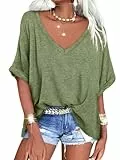 GeGekoko Damen T-Shirt Sommer Kurzarm V-Ausschnitt Oversized Oberteil Locker Frauen Casual Lose Tops Elegant Bluse,Armeegrün(033),XXL
