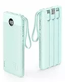 VRURC Powerbank mit Kabel 10000mAh Power Bank Tragbares Ladegerät USB C Externer Handy Akkus LED Display mit 5 Ausgängen 2 Eingänge Kompatibel mit iPhone/Huawei/Samsung Smartphone iPad usw - Grün