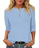 WNEEDU T-Shirt Damen 3/4 Arm Bluse - Henley Shirt Rundhals Tshirt Leichte Pullover Lässig Tops Basic Ganzjahres Oberteile mit Knöpfe Himmelblau L
