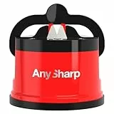 AnySharp Messerschärfer | Freihändige Sicherheit, PowerGrip Saugnapf | Sicheres Schärfen aller Küchenmesser | Ideal für gehärteten Stahl & Wellenschliff | Weltbeste Qualität | Kompakt | Rot