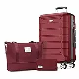 SHOWKOO Koffer Groß Hartschale Leicht ABS+PC Erweiterbar Reisekoffer Haltbar Handgepäck Sets 4 Rollen TSA-Schloss mit 1 Reisetasche und 1 Kulturtasche, XL -Rot