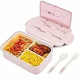 BIBURY Lunch Box, Bento Box, Brotdose mit 3 Fächern und Besteck, Auslaufsicher Brotzeitbox Kühlschrank Spülmaschinenfest Mikrowellengeeignet, Brotdosen für Schule Arbeit Picknick Reisen(Pink)