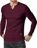 JMIERR T-Shirts für Herren Geteilter Kragen Ribbed T-Shirt Muscle Slim Fit 2024 Basic Langarm Shirts Hem Rot Rot L