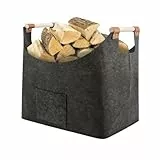Lyivisk Kaminholzkorb aus Filz mit Tasche, Großer Holzkorb für Kaminholz und Aufbewahrung im Innenbereich, Faltbarer Lieblingskorb für Holz, Zeitungen und Spielzeug, dunkelgrau