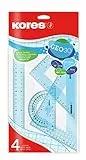 Kores - Geo30: 4-teilges Mathematik-Set für Kinder und Schüler, Kunststoff Geometrie Set mit Lineal, Winkelmesser und Zeichendreieck, Schulbedarf, Set in sortierten Farben