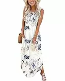 AUSELILY Damen Sommer Blumen Maxikleid Ärmellos Strandkleider Lose Lang Rundhals Hemdkleid mit Schlitz Blumen Weiß XL