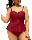 Yonique 2-teiliger Tankini-Badeanzug für Damen, Übergröße, gerüscht, Schößchen, Bademode, gewellter Badeanzug, Burgunder, 16 Plus