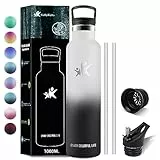 KollyKolla Thermosflasche 1L, Thermoskanne BPA-frei, Kohlensaeure Geeignet, Trinkflasche 1L Edelstahl mit Strohhalm, Wasserflasche Auslaufsicher, Isolierflasche für Erwachsene, Uni, Sport, Büro, Gym